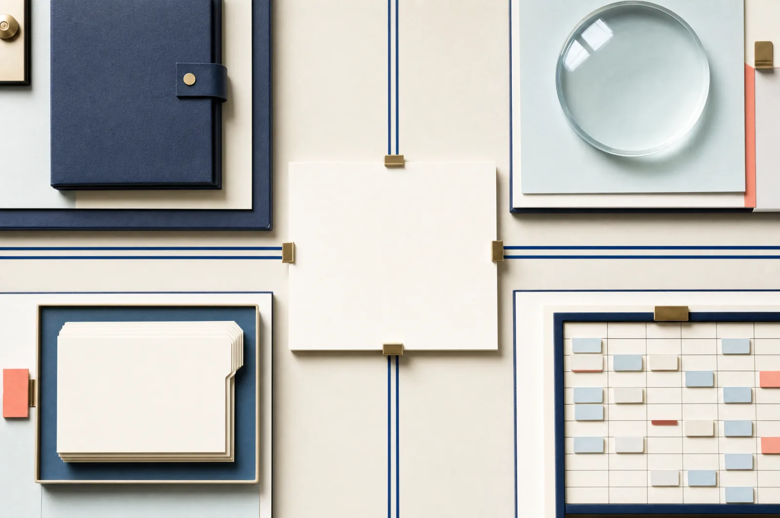 Overhead illustration of four anonymous work surfaces linked to one blank central charter.