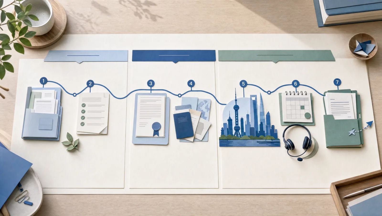 Illustrated seven-checkpoint route from records preparation through travel coordination to an organised handover.